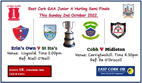 EastCorkGAA's tweet photo. Super Sunday in East Cork tomorrow... with the Junior A Hurling Semi Finals and the real battle for the Jamesey Kelleher Cup - Erins Own v St Ita's in Lisgoold at 2.00pm and Cobh v Midleton in Carrigtwohill at 4.30pm. https://t.co/ZOzSfTA4Hh