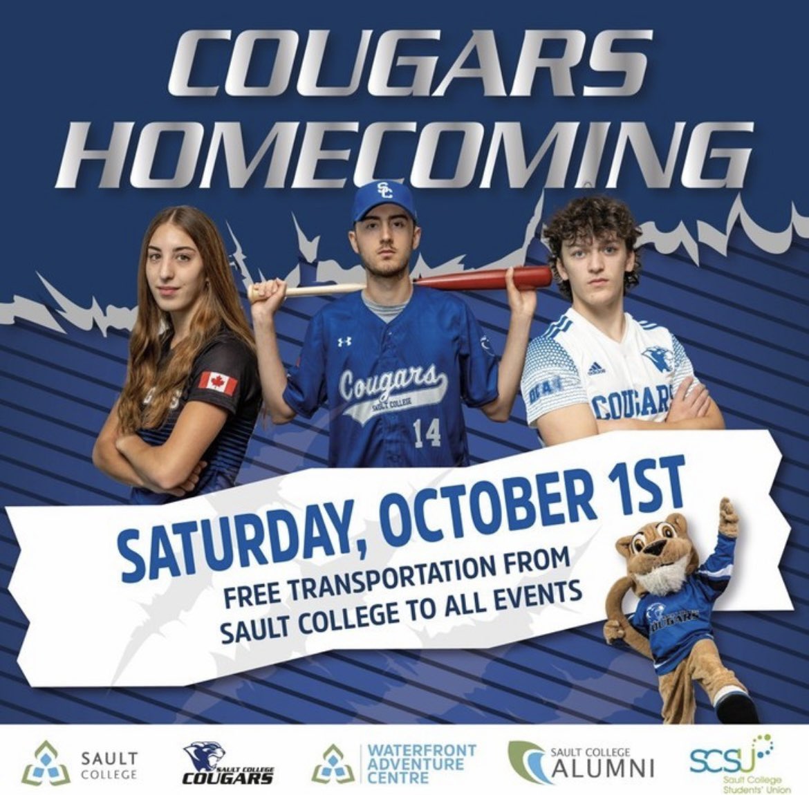 CougarsSault's tweet image. Good morning Cougars! Are you ready for HOMECOMING?!🎉
Swipe to check out the list of events &amp;amp; FREE TRANSPORTATION schedule! The bus will be located outside of F Wing in J Lot. 
Grab your friends and enjoy the festivities!🐾
#cougarpride #cougarshomecoming #saultcollege #ocaa