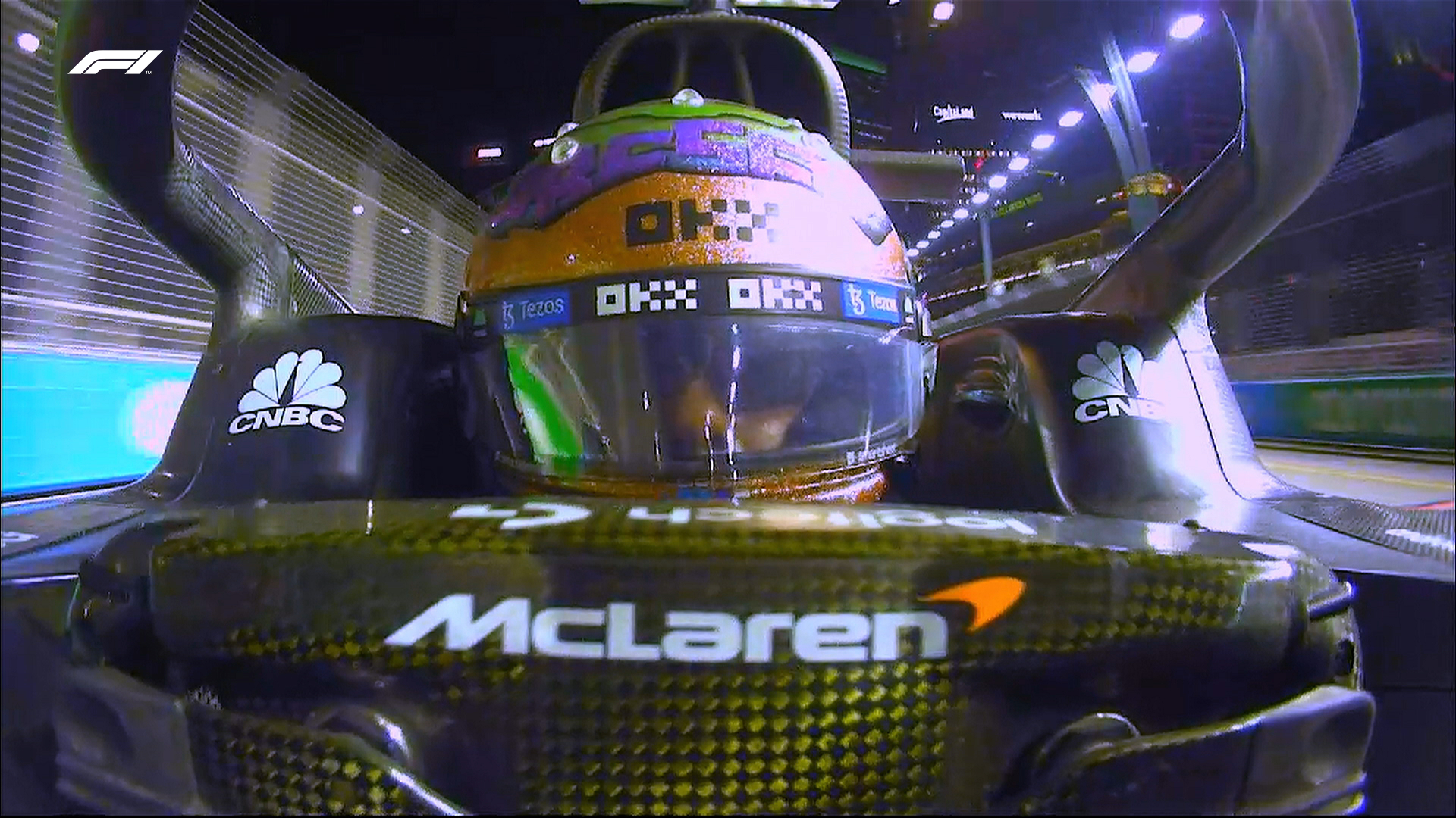 A front-facing shot from the cockpit of Daniel Ricciardo, after being eliminated in Q1