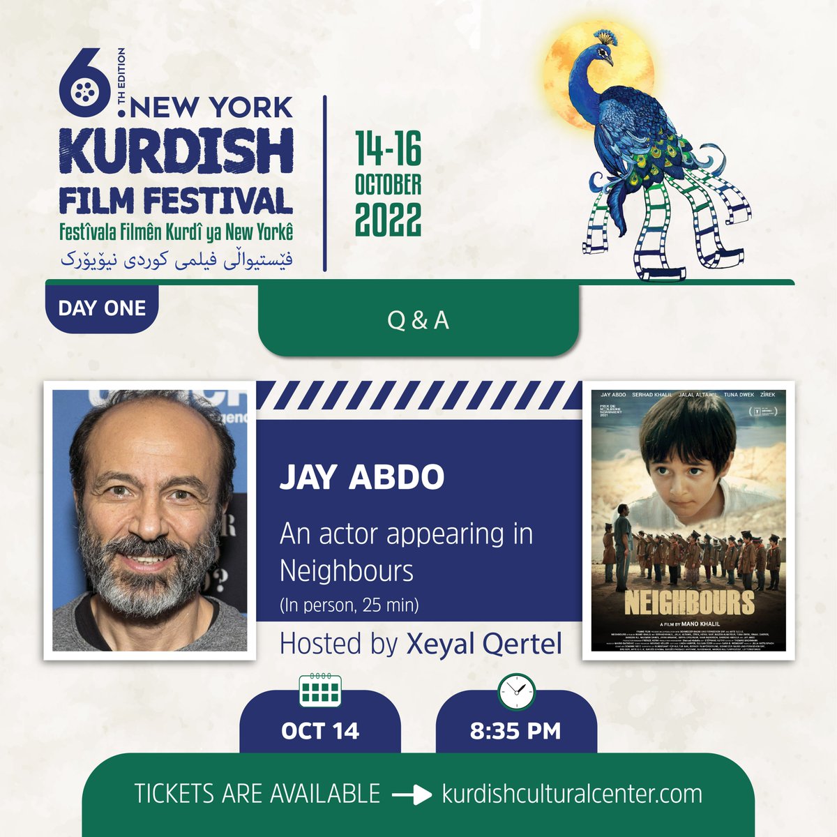 FilmKurdish's tweet photo. #NYKFF-6th Day One program is ready!
#NYKFF-6th starts with free program for kids and each kid will get a #KurdishFlag #AlayaRengîn
The actor appearing in the opening night film #Neighbours directed by #Kurdishfilmmaker #ManoKhalil, @JayAbdoActor will be with Q&A. https://t.co/Fg2Dgoezfe
