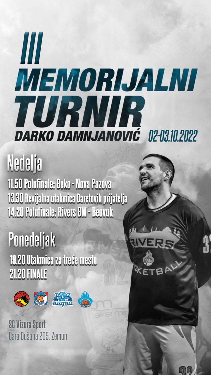 Rivers_KK's tweet photo. Ovog vikenda biće održan 3. Memorijalni turnir "Darko Damnjanović". Turnir će se igrati u nedelju 02.10. i ponedeljak 03.10. u hali Vizura Sport u Zemunu.
#NoviTalasSaNovogBeograda #RiversBM #RiversNation #MemorijalniTurnir #DarkoDamnjanovic https://t.co/jS7P1NSWG4