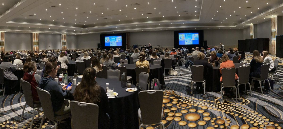 Packed breakfast ballroom on Day 3 of #alsc22! 🍳☕️ Such an awesome presentation from <a href="/AdamGidwitz/">Adam Gidwitz</a>  and <a href="/henakhanbooks/">Hena Khan</a>! I wish I could begin everyday with such rich (and hilarious 🤣) conversation.