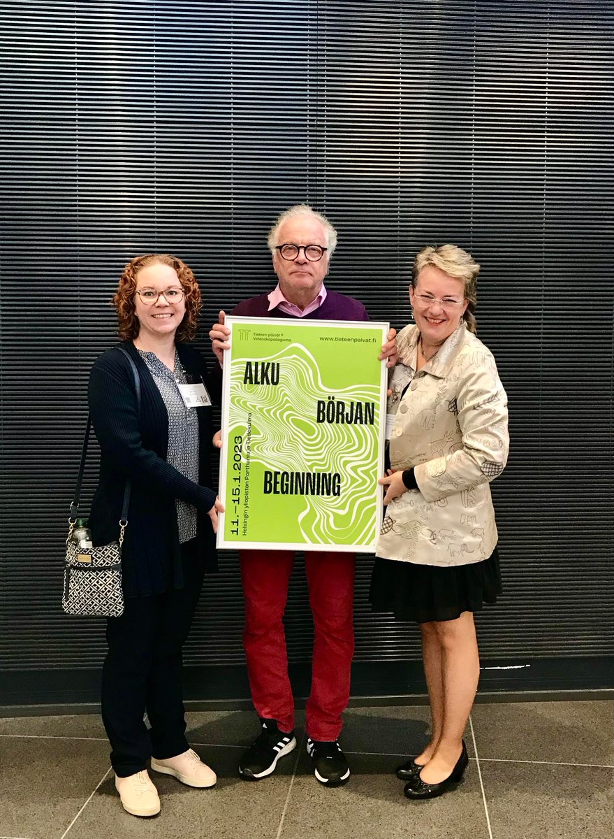 Tieteenpaivat's tweet photo. Tieteen päivien 2023 teemana on Alku! Tapahtuman visuaalisesta ilmeestä vastaa graafikko Marko Myllyaho.

Teema &amp; graafinen ilme julkistettiin Turun Kirjamessuilla, jossa kuultiin myös ensimmäinen maistiainen Tieteen päiviltä 2023. Kuvassa Hele Savin, Paula Havaste &amp; Matti Rönkä. https://t.co/BN0rl1BpnW