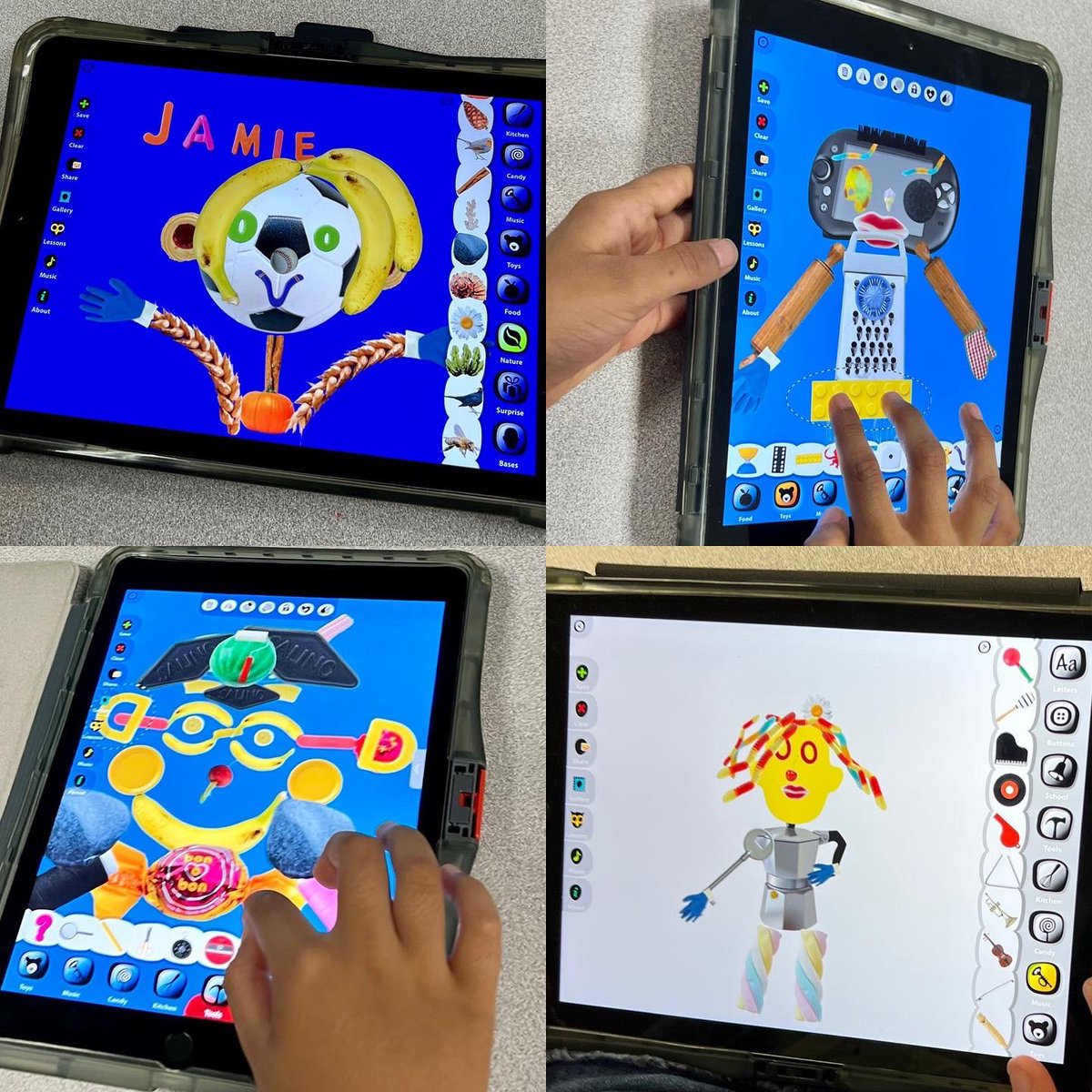 EvansArtHouse's tweet image. 2nd graders learning about surreal artist Giuseppe Arcimboldo with the Faces iMake app! Our objective was to create a self portrait out of objects that represent your interests, layering, texture and fun! @pisdtech #pisdcreatesart