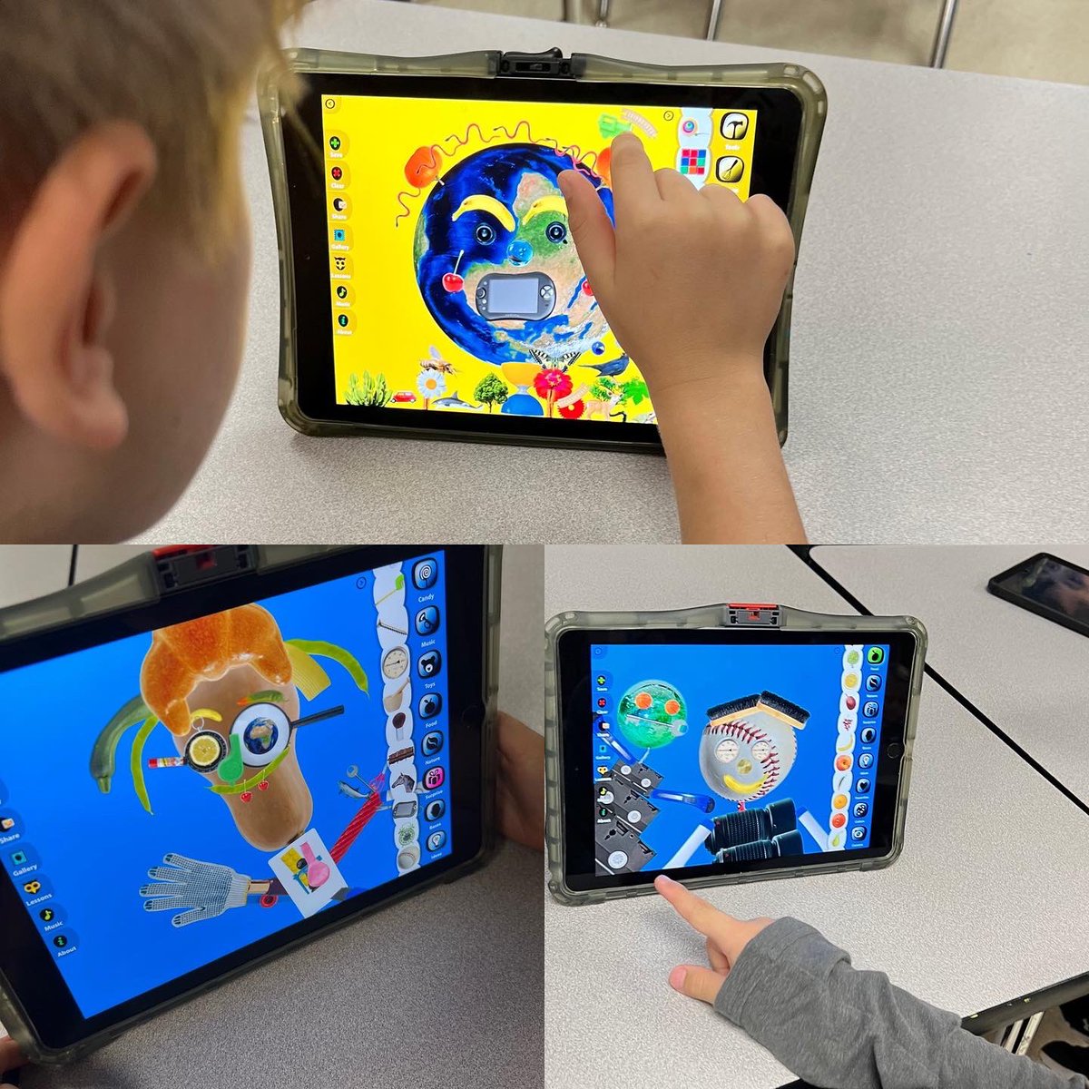 EvansArtHouse's tweet image. 2nd graders learning about surreal artist Giuseppe Arcimboldo with the Faces iMake app! Our objective was to create a self portrait out of objects that represent your interests, layering, texture and fun! @pisdtech #pisdcreatesart