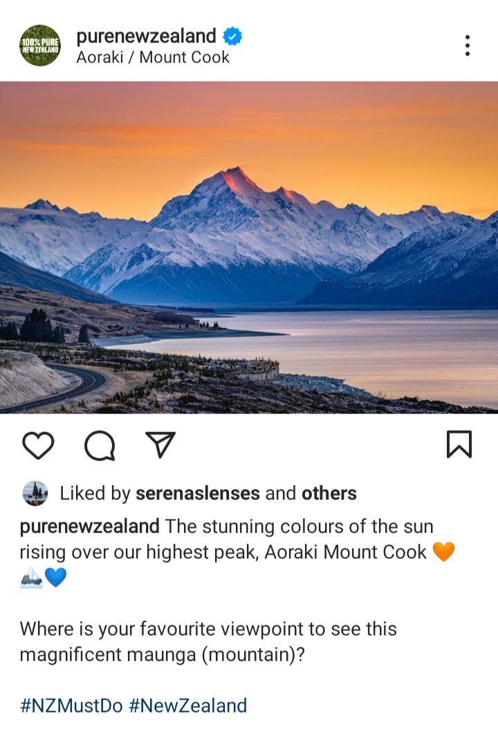 Pure new Zealand IG account, image of a mountainscape. Caption reads "the stunning colours of the sun rising over our highest peak, Aoraki Mt Cook" 