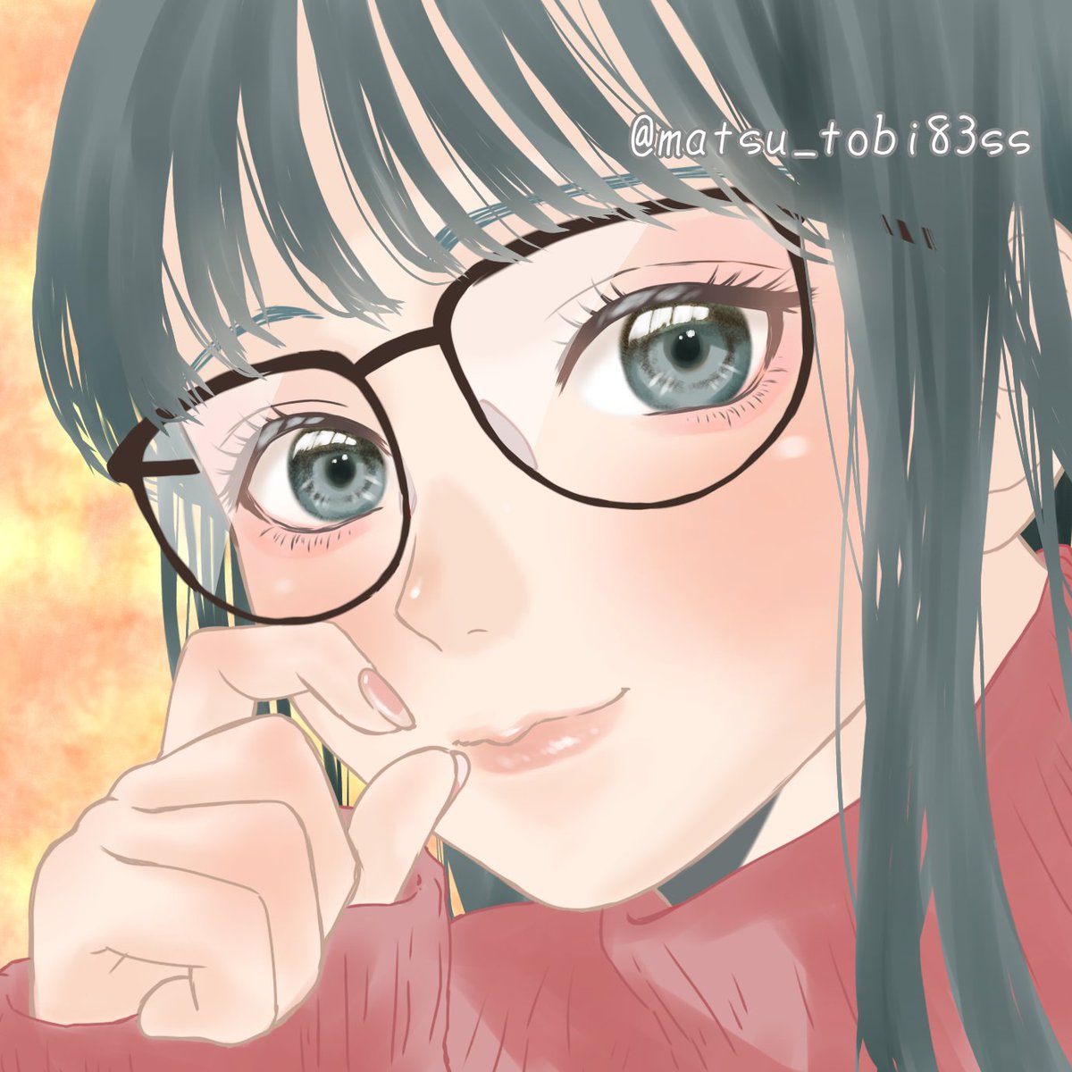 1girl solo glasses black hair sweater looking at viewer bangs  illustration images