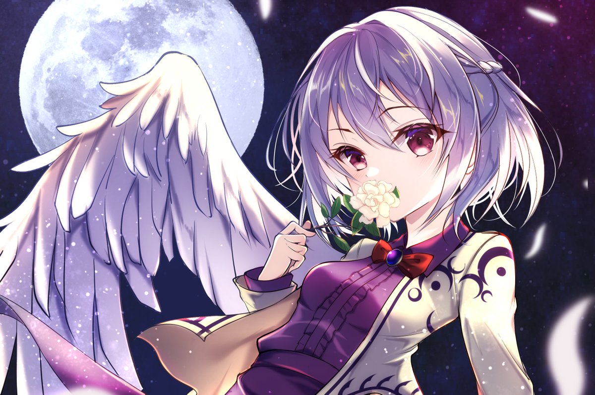 kishin sagume 1girl solo single wing wings flower moon feathered wings  illustration images