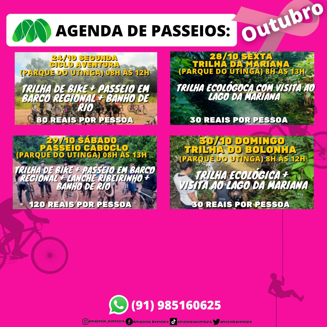 Amazoniaventura's tweet photo. Calendário de trilhas de outubro!

#calendariodetrilhas #trilhautinga #trilhaparquedosigarapes #amazoniaaventura #parquedoutinga #amazonia #turismobelem https://t.co/32cE6CfRpH