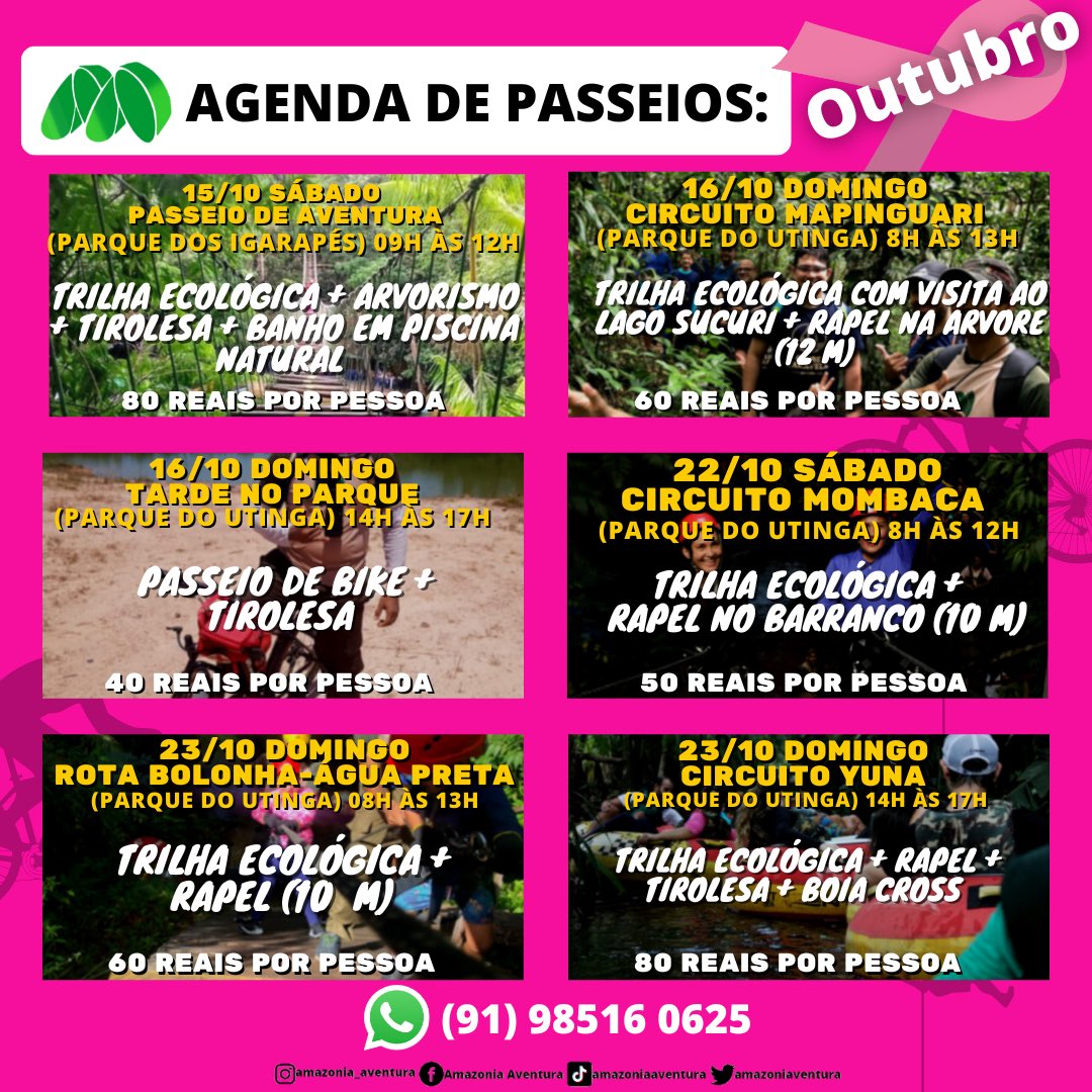 Amazoniaventura's tweet photo. Calendário de trilhas de outubro!

#calendariodetrilhas #trilhautinga #trilhaparquedosigarapes #amazoniaaventura #parquedoutinga #amazonia #turismobelem https://t.co/32cE6CfRpH