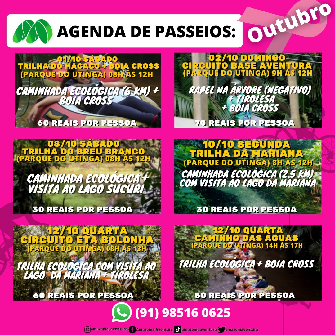 Amazoniaventura's tweet photo. Calendário de trilhas de outubro!

#calendariodetrilhas #trilhautinga #trilhaparquedosigarapes #amazoniaaventura #parquedoutinga #amazonia #turismobelem https://t.co/32cE6CfRpH