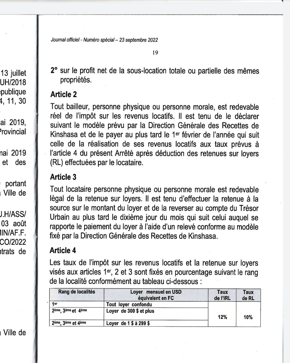 nskazadi's tweet photo. (1/2) Baisse du taux de l’impôt sur les revenus locatifs (IRL) de 22 % à 12%. Cette decision salutaire prise par la Ville province de Kinshasa est le fruit du dialogue entre les Min nationaux de l'Urbanisme, Affaires foncières, Finances et le Gouv de la Ville de Kinshasa. https://t.co/id7lZa8jVf