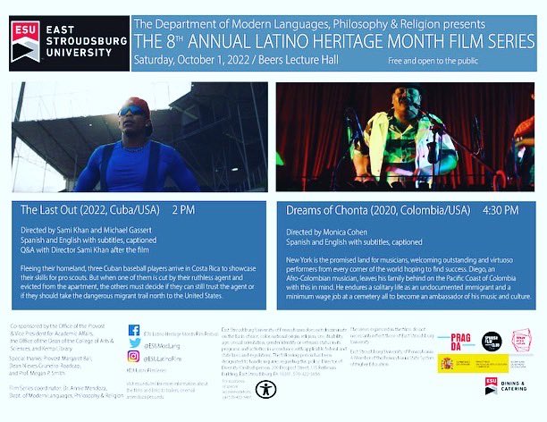 ESUModLang's tweet image. Happy @ESUniversity #ESULatinoFilmSeries Day! 🎞🎥🎬🍿🥟Today, 2pm #TheLastOut followed by a Q&amp;amp;A w director Sami Khan and 4:30pm #DreamsofChonta w discussion to follow. Free! Come celebrate the 2nd 1/2 of #LatinoHeritageMonth
