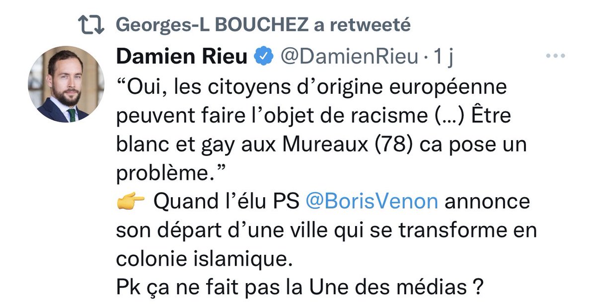 La Présidence du #MR en passe-sirop de l'#extrêmedroite. Elle retweete l'ex Président de #GénérationIdentitaire (dissoute en 2021 pour discours de haine racialistes/suprémacistes), l'ex candidat du Rassemblement National et de Reconquête, un des théoriciens du #GrandRemplacement.