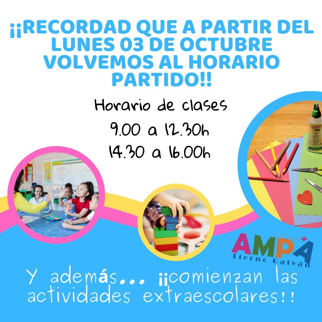 AMPA_TG_3C's tweet photo. Os recordamos que el lunes será 3 de octubre por lo que comenzaremos con el horario partido siendo las clases de 9.00 a 12.30h y por la tarde de 14.30 a 16.00h.
También os recordamos que empiezan las actividades extraescolares.
Nos vemos en el Tierno 🍁
.
.
@ceiptiernogalvantc https://t.co/rVlvW9PU2e