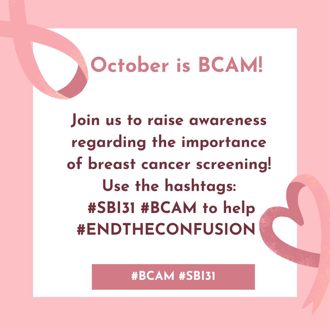 Here we go - October is breast cancer awareness month! Follow me and @BreastImaging for advice and insight all month - and tweet with us! #SBI31 #BCAM #ENDTHECONFUSION