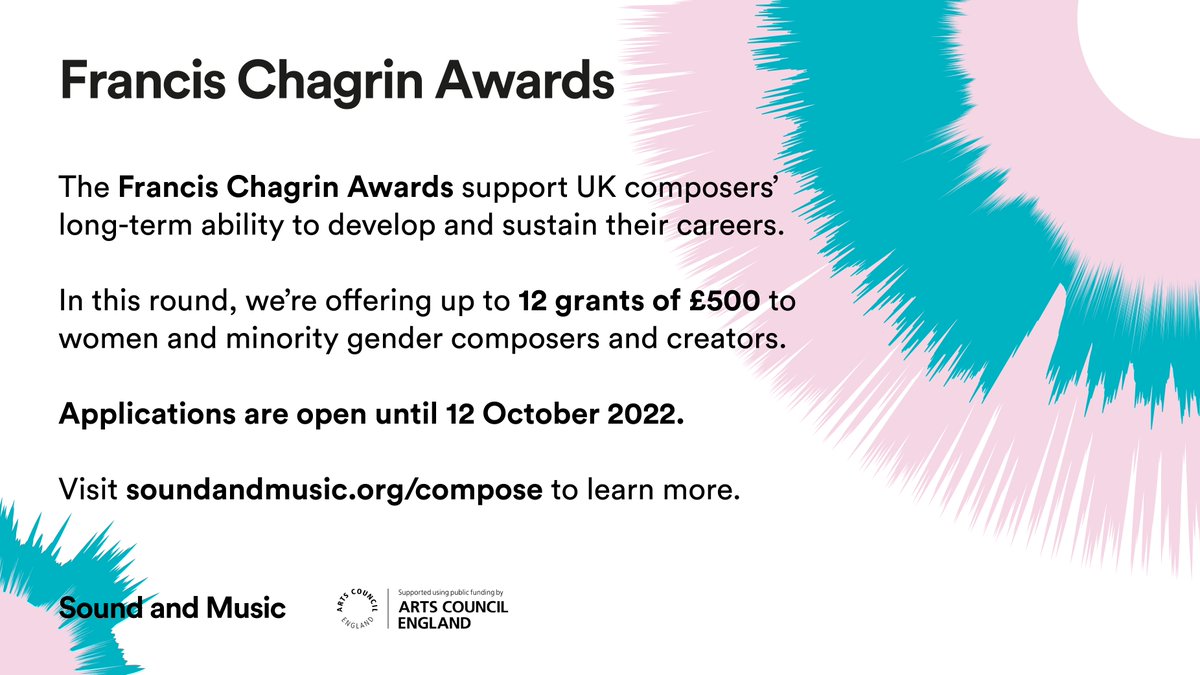 Our Francis Chagrin Awards offer targeted funding to support UK composers’ long-term ability to develop and sustain their careers. In this round, we’re offering up to 12 grants of £500 to women and minority gender creators - apply by 12 Oct at: ow.ly/NOWz50KVMjn