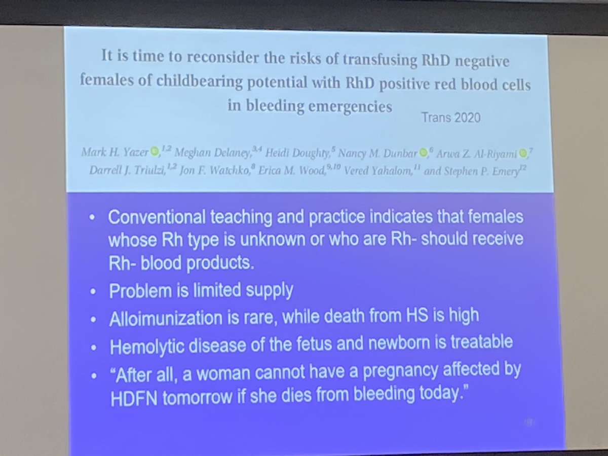 Love this slide by John Holcomb: risk of Rh mismatch does not outweigh the benefit of whole blood in severely injured women.