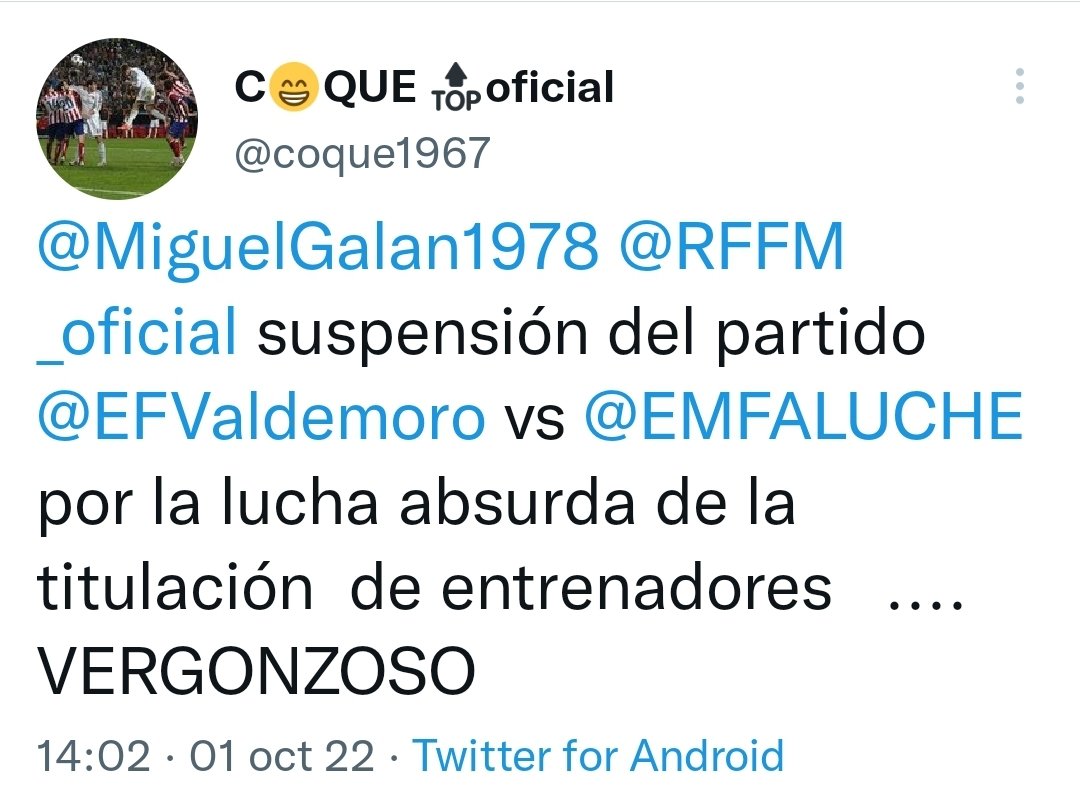 MiguelGalanCNFE's tweet photo. Suspendido el partido entre la  @EFValdemoro y la  @EMFALUCHE , porque la @EMFALUCHE no presenta licencia de entrenador, la @EFValdemoro le darán los tres puntos. La semana que viene podrían suspenderse cientos de partidos en Madrid por culpa de la @RFFM_oficial y @PacoDiezRFFM https://t.co/wvhZszUukx