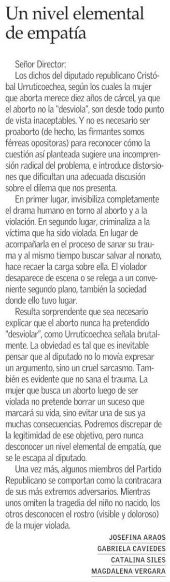 msvergaravial's tweet photo. Les dejo la carta que escribimos con @catasiles, Josefina Araos y Gabirela Caviedes. Los dichos de @DipCristobal no son aceptables y sólo invisibiliza el doloroso drama de la violación y del aborto https://t.co/219oYasLZj