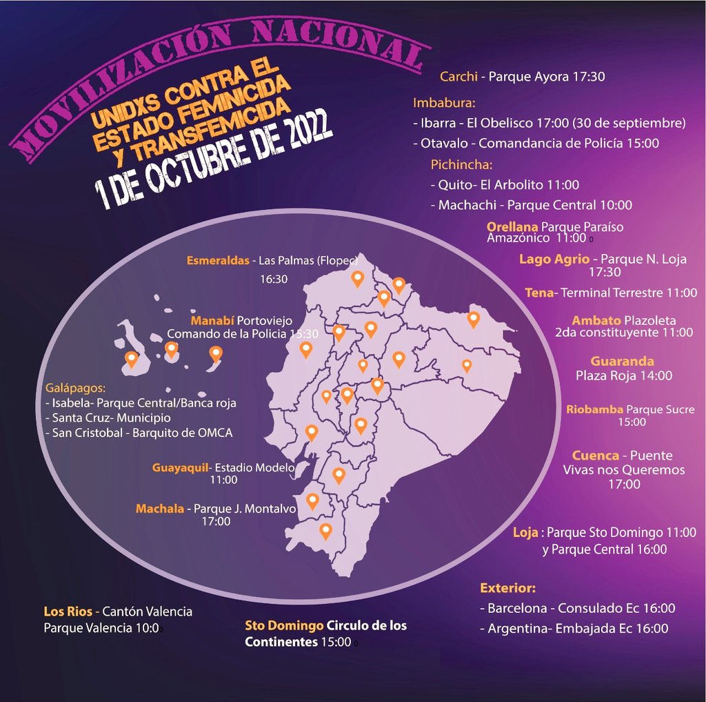 ACDemocraciaEc's tweet photo. Hoy #1DeOctubre nos convocamos a la movilización nacional para exigir al Estado respuestas contundentes  y acciones inmediatas para frenar la violencia.  
¡¡Unidxs contra el Estado feminicida y transfemicida!! ✊✊✊
#NosQueremosVivas
#LaPoliciaNoNosCuida https://t.co/xGgaU2tKPi