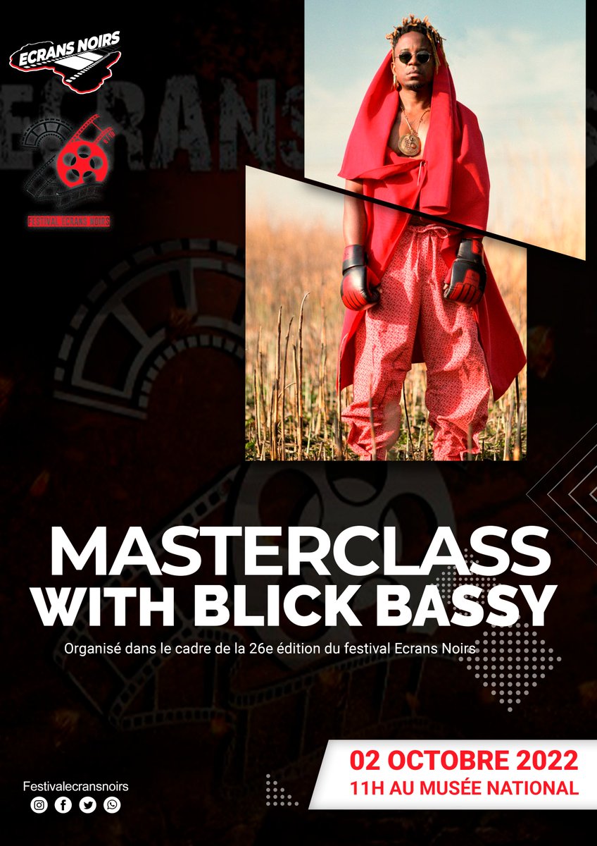 ecrans_noirs's tweet photo. Ce dimanche 2 octobre, le Festival Ecrans Noirs vous offre une master class, avec le légendaire @blickbassy à 11h au Musée National🤩 .
Des occasions à ne pas manquer 😁
#RFI #canalplus #royalairmaroc #TV5Monde #OrangeCameroon #cnps #SABC #CastelBeer #libaro https://t.co/dsDy7plFqS