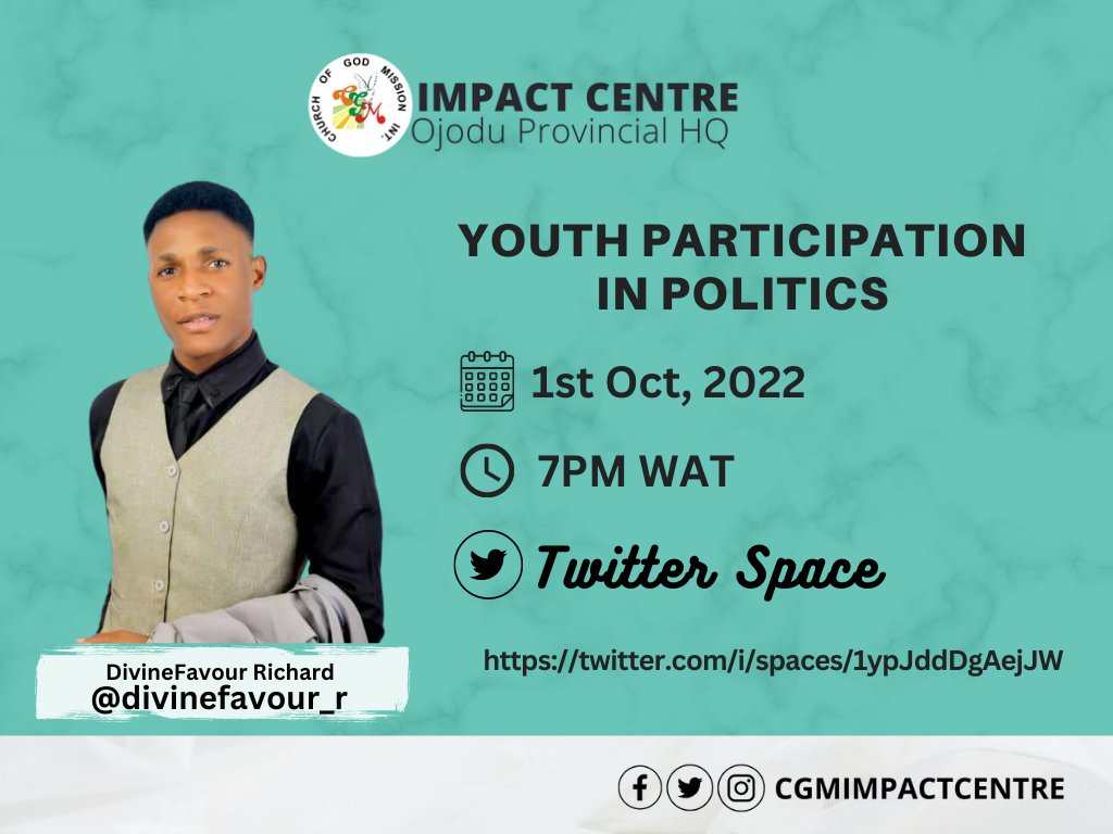 cgmimpactcentre's tweet photo. Meet our Speakers.
@divinefavour_r @I_am_Masky @tewedami @nuelfactor79

See to at 7PM (WAT) https://t.co/PtE6xK1sJ0