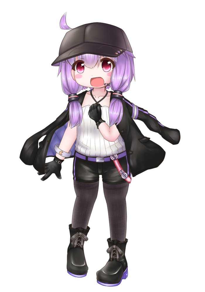 yuzuki yukari 1girl solo jacket hat shorts purple hair gloves  illustration images