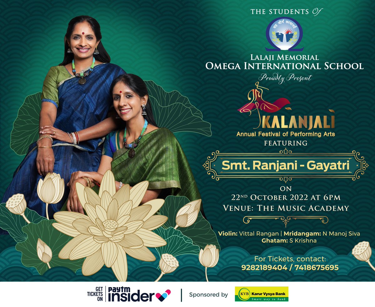 ranjanigayatri's tweet photo. Our next upcoming concert in Nam Chennai after a long time! On Oct 22nd at 6 PM for Omega International school at the Madras Music Academy with Vittal Rangan N. Manoj Siva S Krishna.
For tickets, contact 9282189404/7418675695
#music #RaGalive #ranjanigayatri #concert https://t.co/zyvf1zvPI7