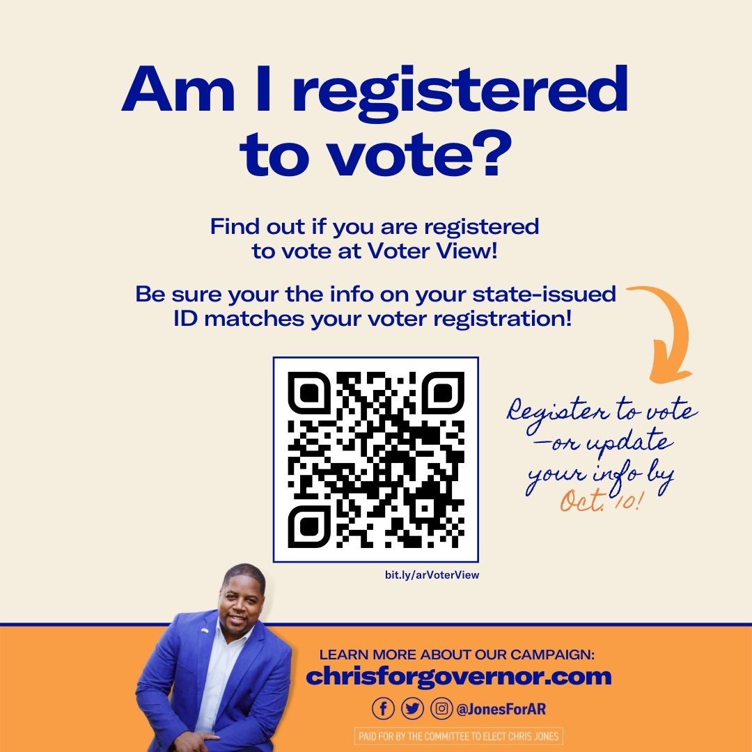 JonesForAR's tweet photo. ARKANSAS, we have TEN DAYS to get registered to vote. Check your registration and nudge your friends to check their registration. We can win in November #weARone. https://t.co/XR07jjcSog