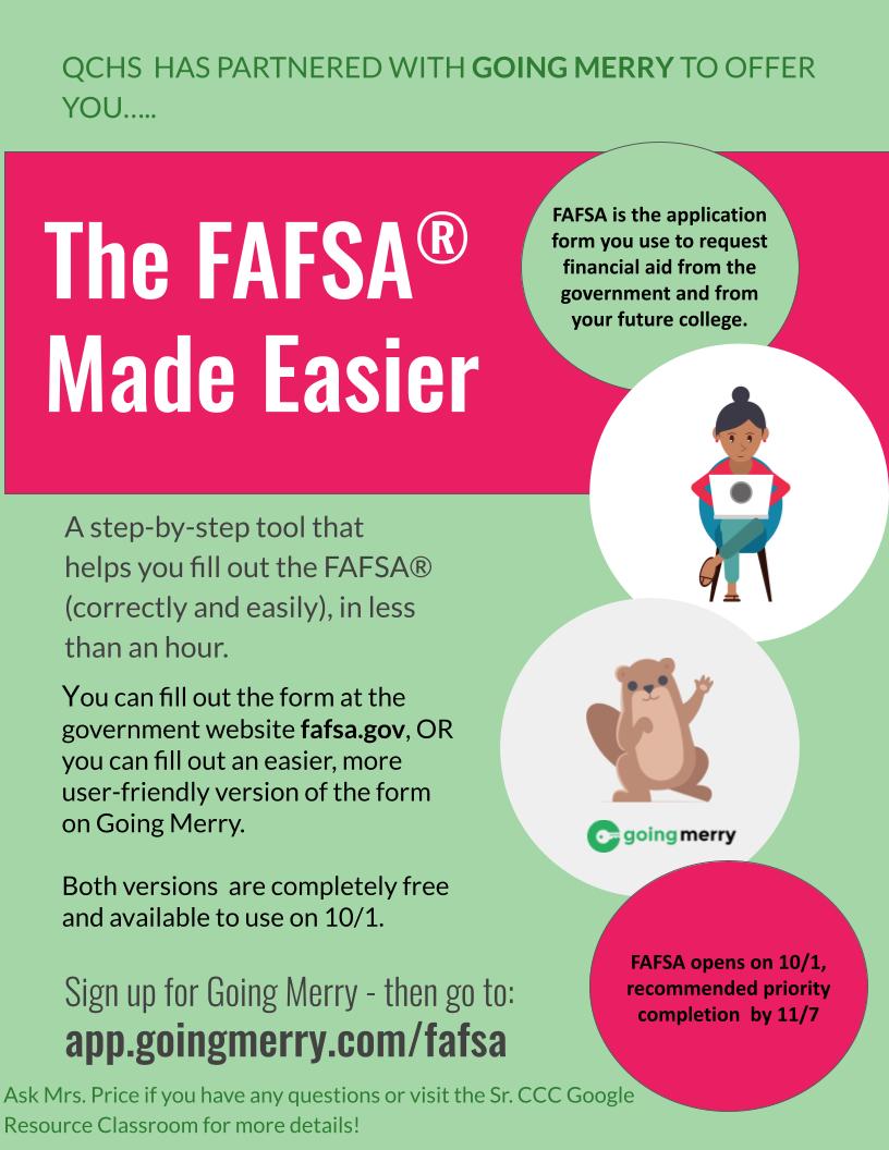 QCHS_CCC's tweet photo. SENIORS: #FAFSA opens TODAY! If you plan to jump right in-Be sure to use the resources in the CCC Google Resource Classroom for seniors. Access with code: ehwcfl4. Prep-worksheets, direct links and helpful tips!
#Fundyourpath #qcleads https://t.co/0ZkeDnxSAC