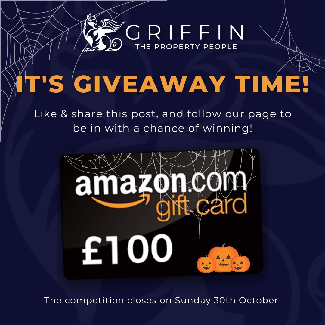 GriffinResGroup's tweet photo. 🥳 It’s GIVEAWAY time! 🥳 

Would you like to be in with the chance of winning an AMAZING £100 @amazon voucher? 

All you have to do is:

✅ Like &amp; share this post
✅ Follow our page 

The competition closes on Sunday 30th October and the winner will be chosen on Monday 31st👻 https://t.co/MjzlhN2ZvI