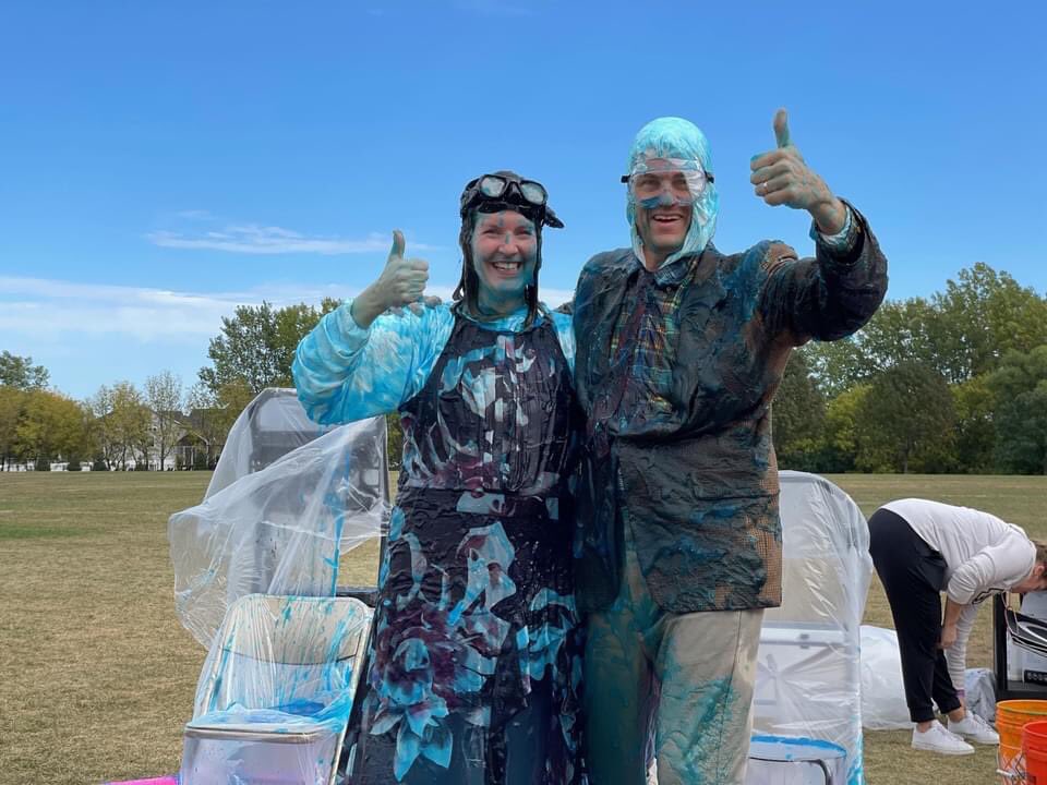 Congratulations to the entire Eastview @EastviewElem community for reaching and then exceeding our fundraising goal! Here are some before and after shots from our sliming ceremony! @ebigler06