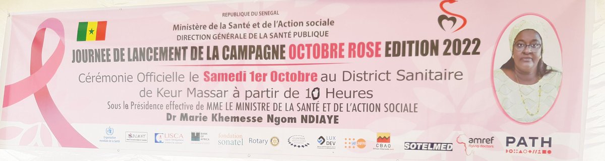 Lancement de la campagne OCTOBRE ROSE. L'@OMS_SENEGAL @WHOAFRO appuie le @santegouv_sn pour la prévention,le diagnostic précoce et la prise en charge holistique des cancers féminins dont du Sein et col de l'utérus. Faites vous dépister ! @Sharufa_ @CybelleKamba @SORAZIZ