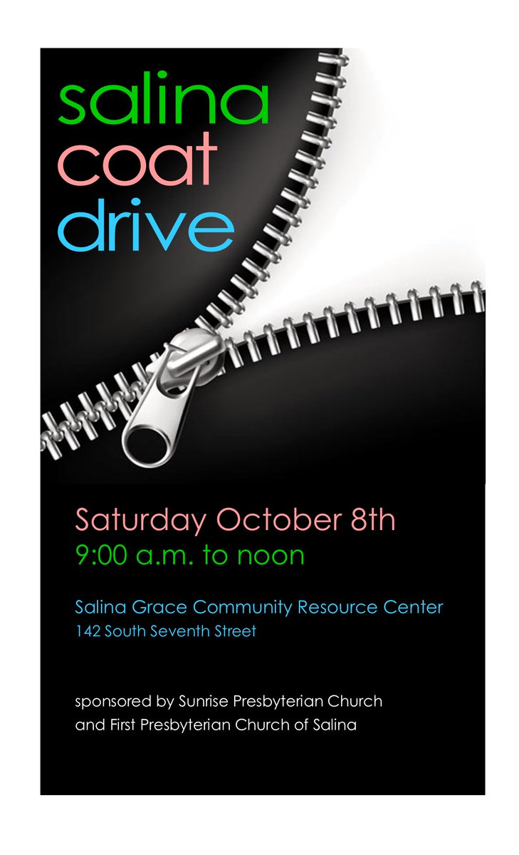Prepare your family for winter by visiting the Coat Drive! It's a great way to outfit kiddos with coats to keep them warm as colder temps are on their way.  Saturday, October 8 from 9am-noon at Salina Grace Community Resource Center.