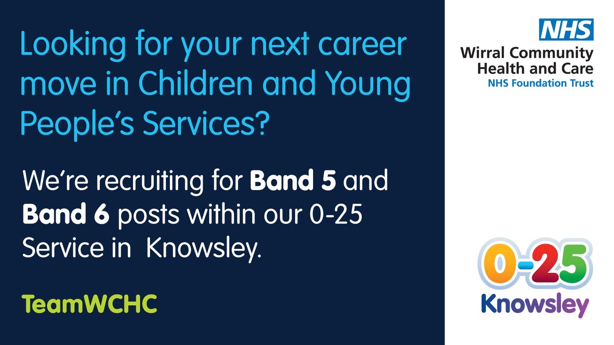 wchc_nhs's tweet photo. We're recruiting for vacancies in our 0-25 Service in Knowsley.

Visit: https://t.co/2AsaGe0xsv https://t.co/BAFbkWJ7sj