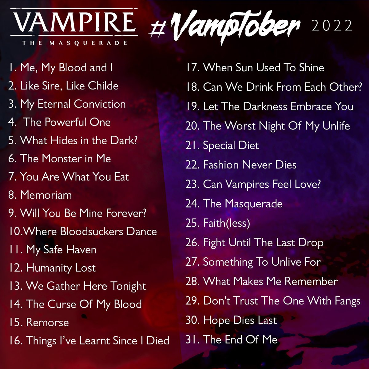 worldofdarkness's tweet photo. Month of Darkness has begun! As tradition demands, this marks the beginning of #vamptober - but this year, we're expanding it with a second set of prompts - #huntober! 

Read more about this month's celebrations: https://t.co/xq5R6nquXf https://t.co/SVu4Xjy8vR
