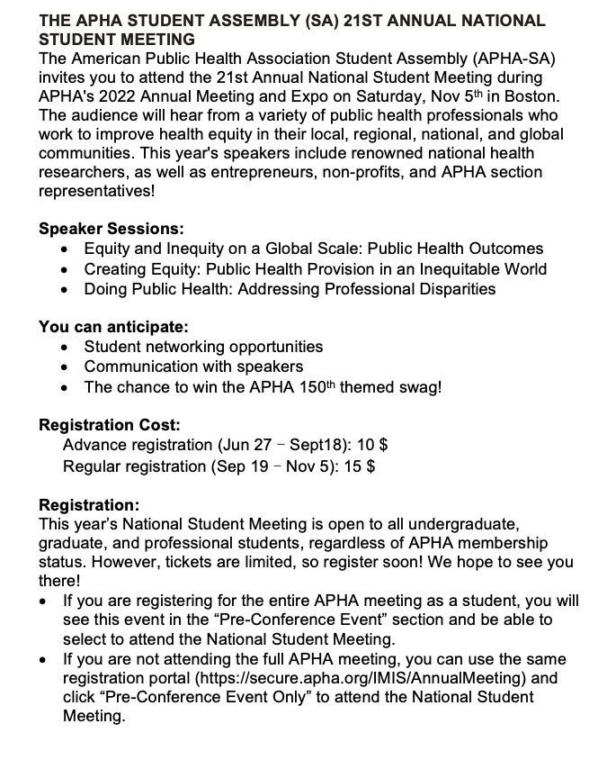 APHAStudents's tweet photo. The American Public Health Association Student Assembly (APHA-SA) invites you to attend the 21st Annual National Student Meeting during APHA's 2022 Annual Meeting and Expo on Saturday, Nov 5th in Boston.
Not attending the full APHA meeting, register via https://t.co/KW4P0oIISe) https://t.co/l2YCDYY357