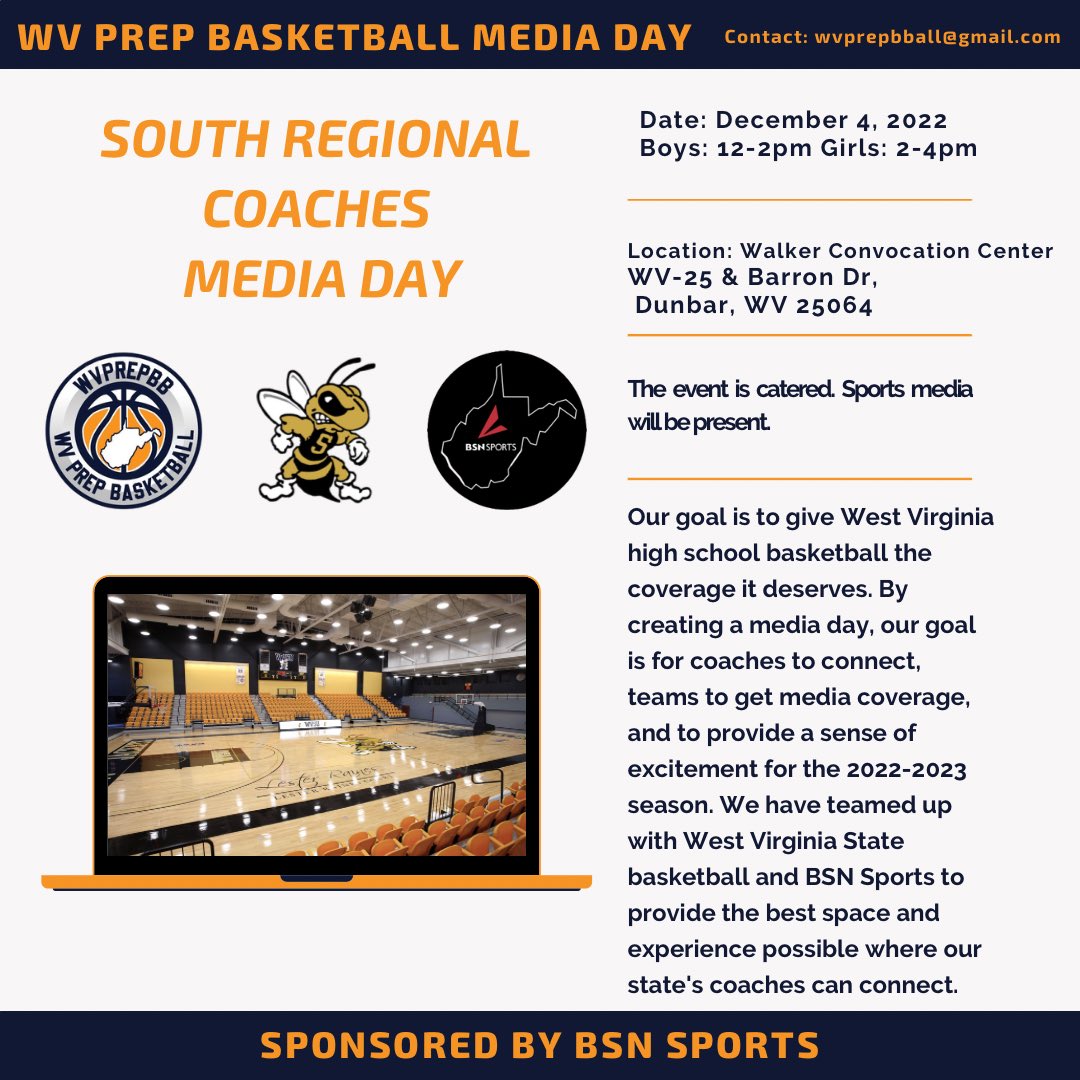wvprepbb's tweet photo. We are excited to announce our first annual Regional Coaches Media Day! Coaches have the opportunity to connect with other coaches while giving a glimpse into what's to come this winter. All media encouraged to attend!

N- Sunday, November 20, 2022

S- Sunday, December 4, 2022 https://t.co/b2QH2LmU0T