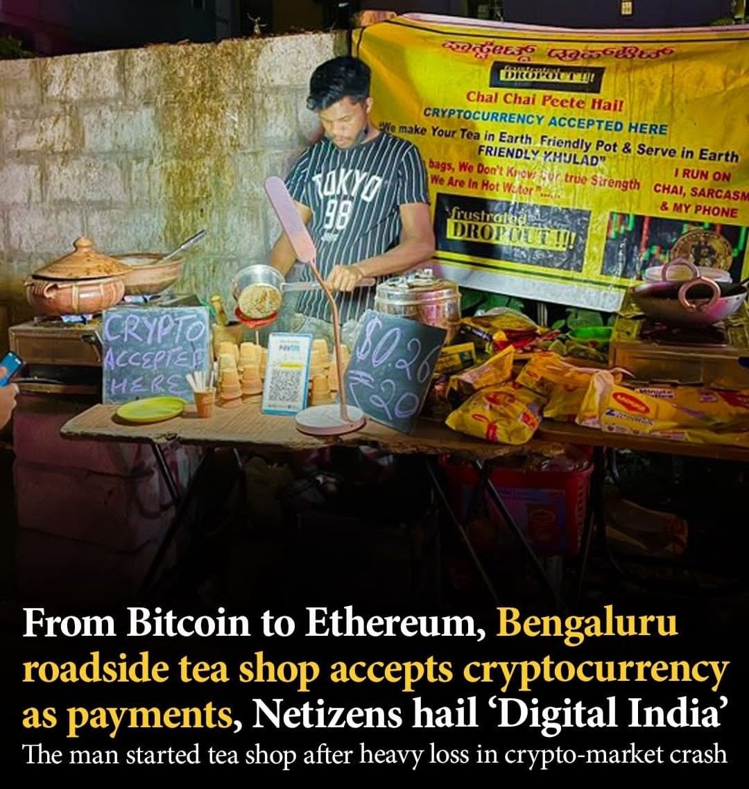 From Bitcoin to Ethereum, Bengaluru roadside tea shop accepts cryptocurrency as payments, Netizens hail 'Digital India'
The man started tea shop after heavy loss in crypto-market crash
fall.
#India #Bengaluru #Karnataka #Crypto #CryptoCurrency #Bitcoin #Ethereum  #Business