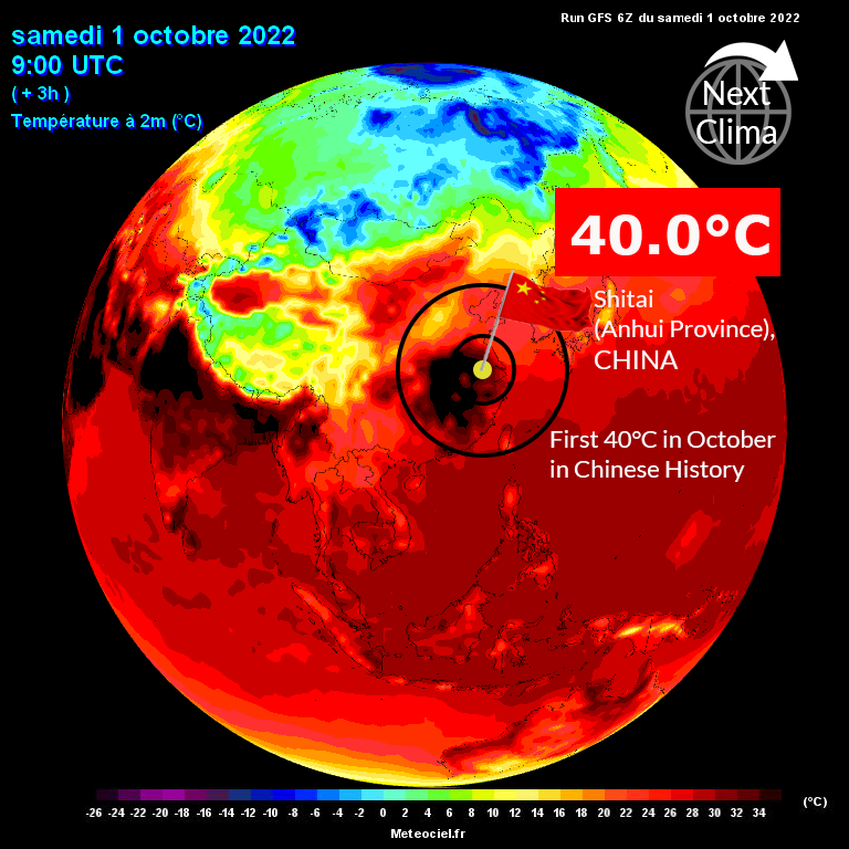 Today is a historic day in #China.
For the first time in Chinese history, 40°C were recorded in October.
The station of Shitai (Anhui Province) jumped to 40.0°C.
This is just the begininng of an intense and unprecedented heatwave that will continue in the next days.<a href="/extremetemps/">Extreme Temperatures Around The World</a>