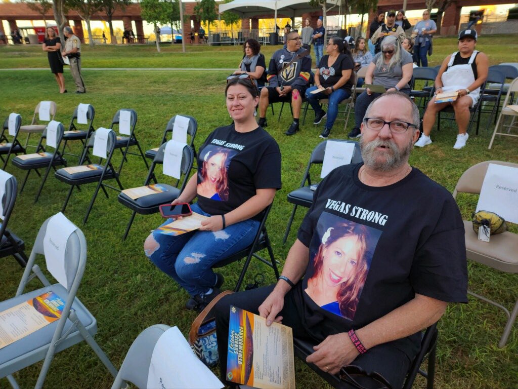 ClarkCountyNV's tweet photo. Remembering #1October - 5 years later.  Family and friends starting to gather for the Sunrise Remembrance. They come every year to honor and pay tribute.

Live coverage of the ceremony at 7:30 here on Twitter.

#Vegas #VegasStrong #VegasStronger https://t.co/e17ZxQBmtE
