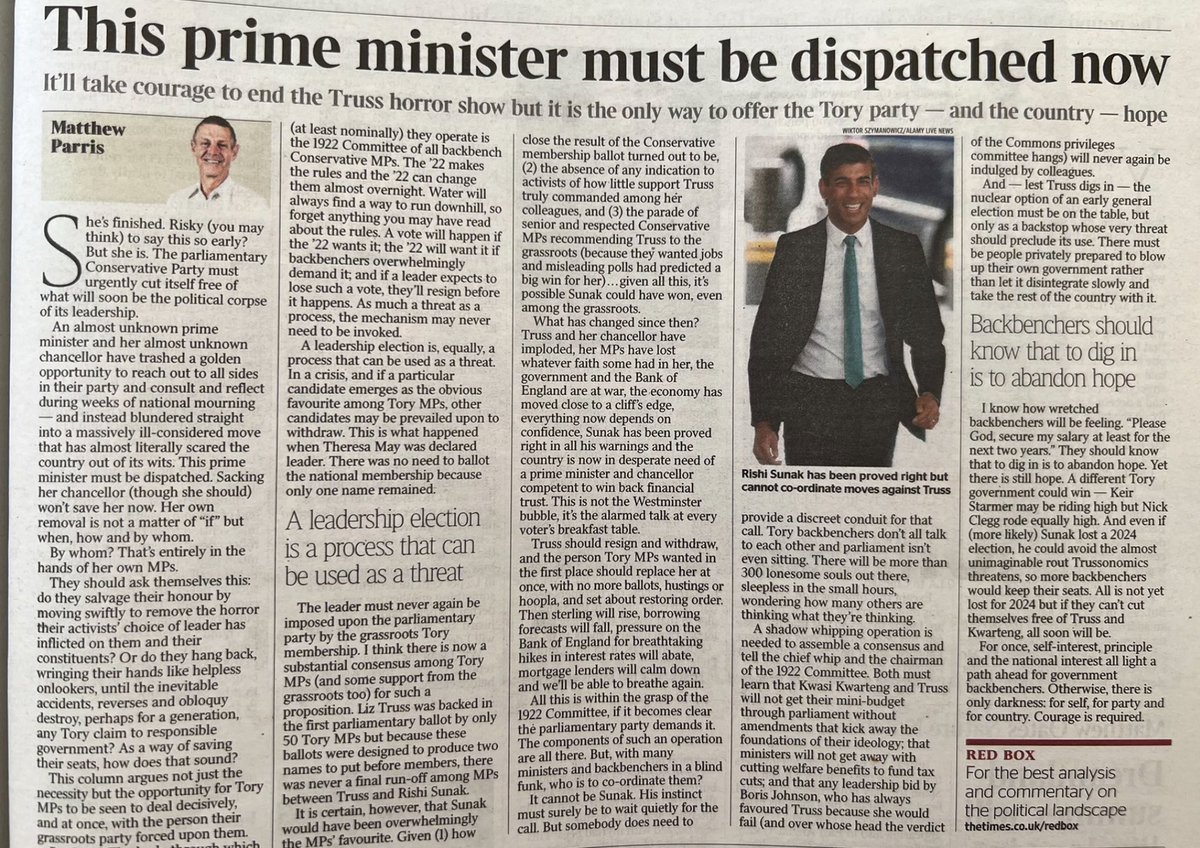 MrJohnNicolson's tweet photo. Matthew Parris on what Tory MPs must do “#LizTruss should resign. Then sterling will rise, borrowing forecasts will fall, pressure on the Bank of England for breathtaking hikes in interest rates will abate, mortgage lenders will calm down, and we’ll be able to breathe again.” https://t.co/FbDbLY4GWc