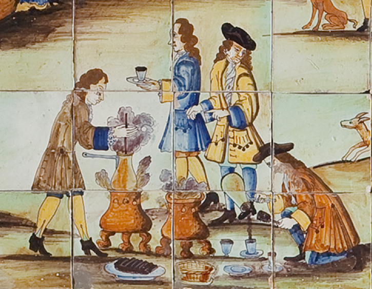 _FrancesOwen's tweet photo. @17thCenturyLady @jdmccafferty @MuseumCromwell @joinLordGrey @cheapsellotape @MargaretPorter Here's more autumnal hot chocolate drinking for #StuartsSaturday.
The La Xocolatada panel (1710) from the pavilion of the Fountain of Health in Francesc d'Amat i de Planella, Count of Castellar's estate in Alella, now in the Museu de Ceràmica Barcelona.
Pc 2: preparing chocolate https://t.co/t52MYY4Ukm