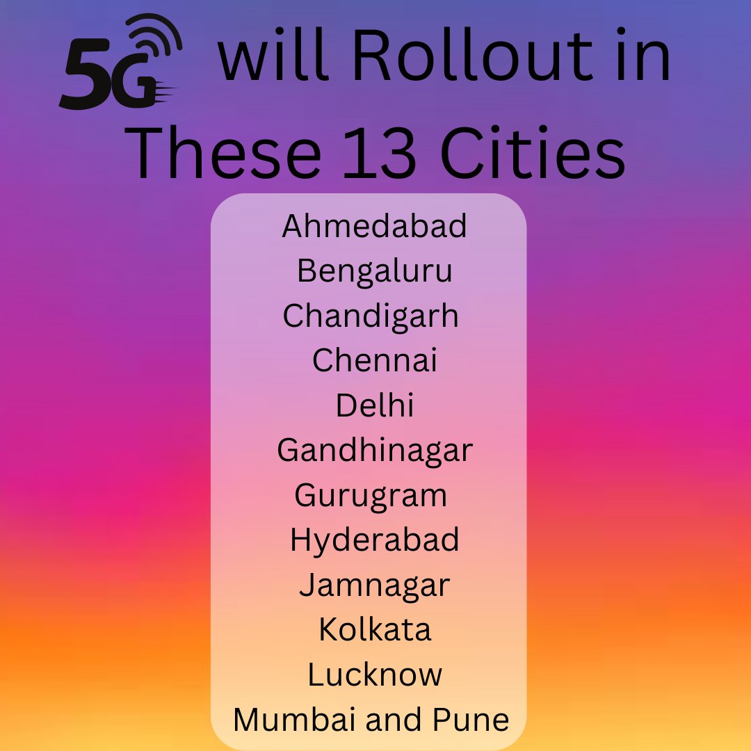 technitro_3's tweet photo. Follow For More.....!

5g will rollout in these cities

Ahmedabad, Bengaluru, Chandigarh, Chennai, Delhi, Gandhinagar, Gurugram, Hyderabad, Jamnagar, Kolkata, Lucknow, Mumbai and Pune.

#newtechnology #techblogger #techies #techgadgets #artificialintelligence #technologythesedays https://t.co/qLd5k7edBp
