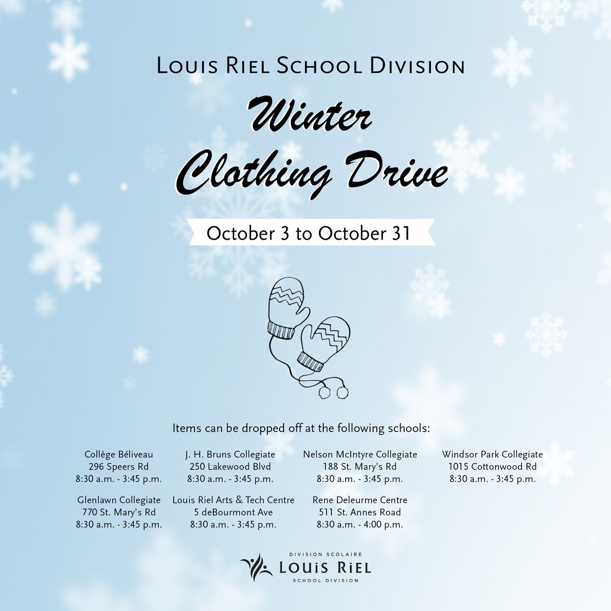 Winter Clothing Drive! 

From October 3 - 31, we will be collecting new or gently used winter coats, snow pants, hats, mittens, scarfs, and boots. 

Visit lrsd.link/Winter-Clothin… for more details.