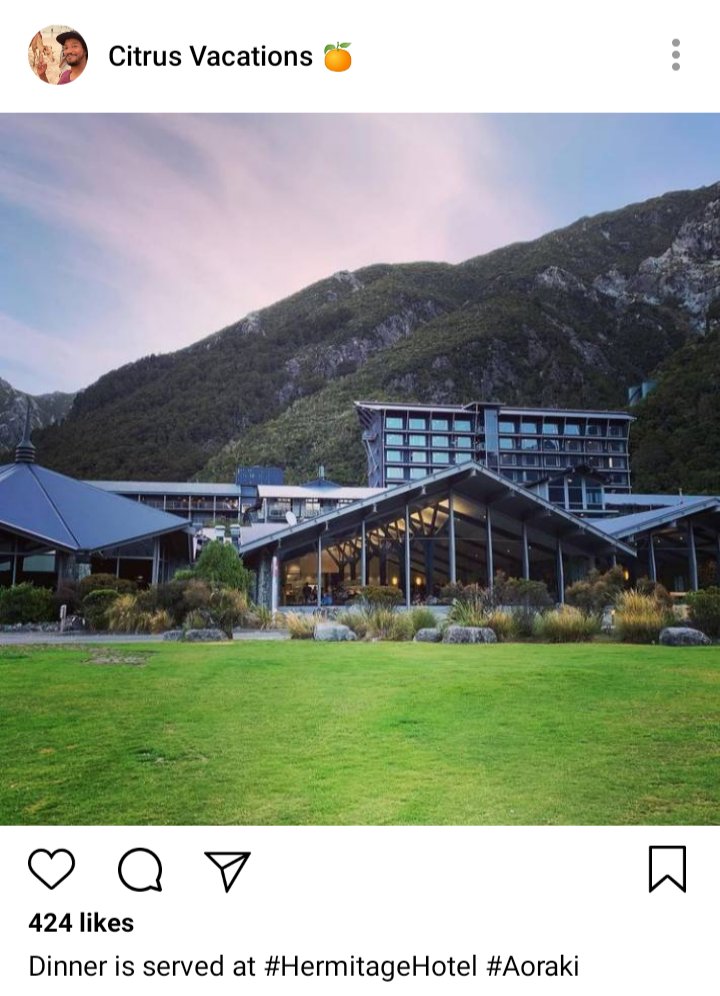 Roach's IG. Photo of restaurant in a mountain scene. Caption reads "dinner is served at #HermitageHotel 