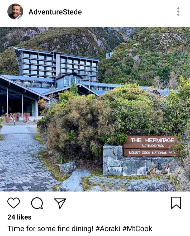 Stede's IG. Photo of restaurant in mountain scene. Caption reads "time for some fine dining!" 