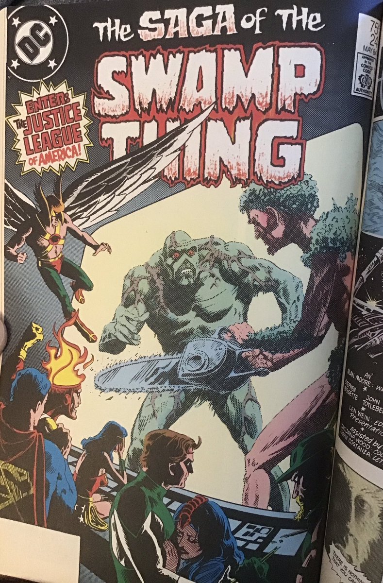 cbworm's tweet photo. Swamp Thing #24 concludes Moore’s first story arc. Just incredible! I wish I could more eloquently describe the poetic language Moore uses in his writing. No one can match him in that regard. This issue ends with another famous image from the run (by Bissette and Totleben). https://t.co/g9Ya9a90Sk