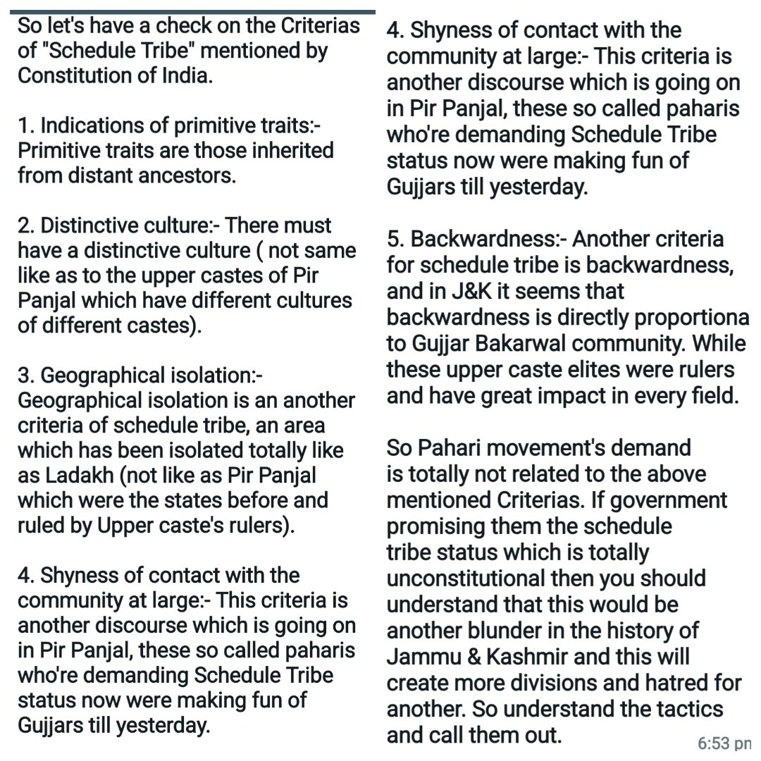 IkhlaqTabassum1's tweet photo. Let's have a check on the criterias of "S T,, mentioned by constitution of India.
@PMOIndia
@narendramodi
@HMOIndia
@TribalArmy
@HansrajMeena
@Ravinder_ASPK
@diprjk
@KPGBJP
@nkgurjar4bjp
@OfficeOfLGJandK
@BJPCentralMedia
@IkhlaqTabassum1
@GuftarAhmedCh
#NoSTtoEliteClassesInJK https://t.co/W00vUnjqTt